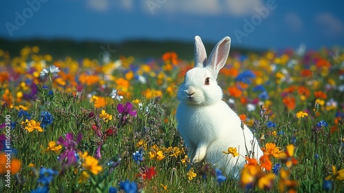 White rabbit hopping through a vibrant wildflower field on a sunny day in spring