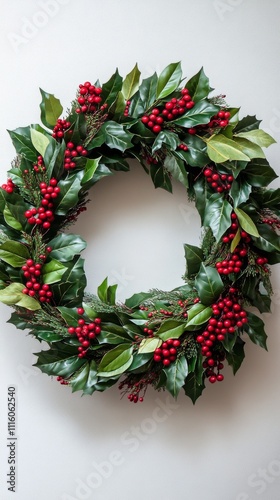 Festive wreath of green leaves and red berries for holiday decoration at home