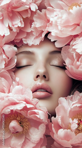 Beauty encased in soft pink flowers captures a serene moment of tranquility a...