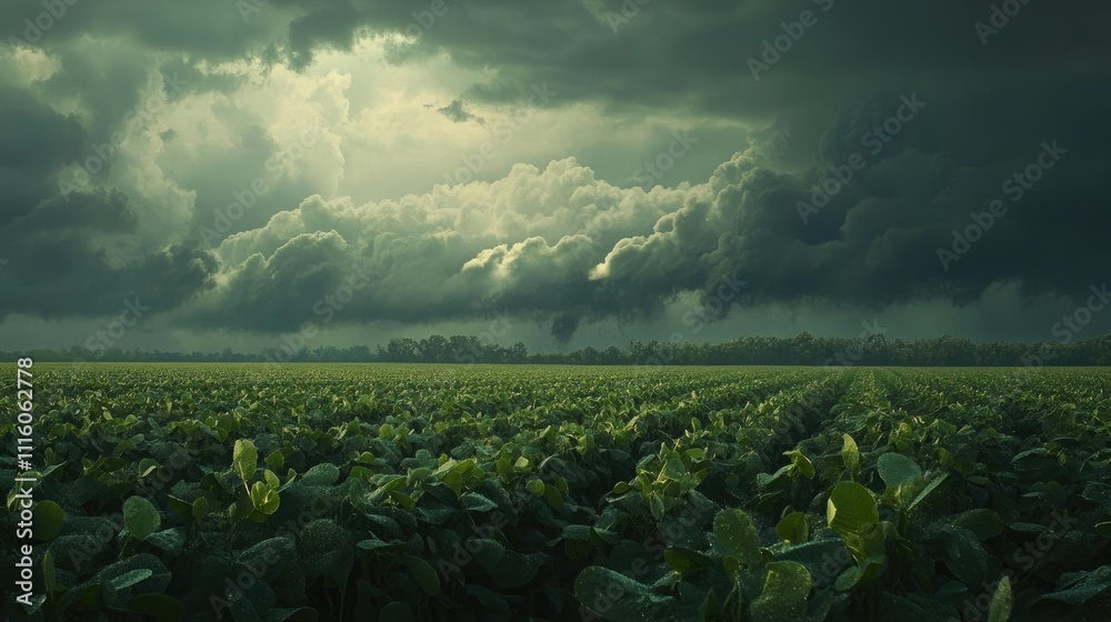 Fototapeta premium A dramatic landscape featuring a green field under dark, stormy clouds.