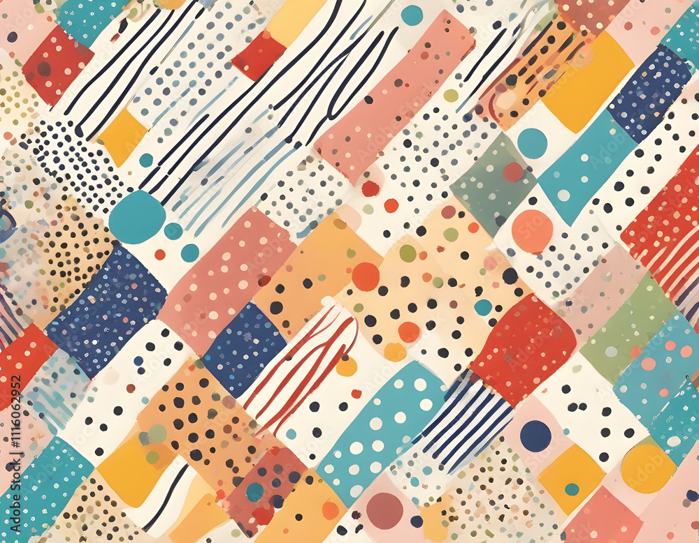Obraz premium Multicolored curved checkered lines and confetti, polka dots, striped pattern on a light background
