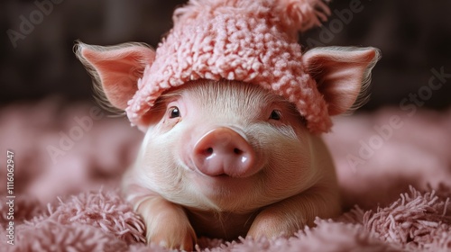 Cute piglet holding a gift during a festive celebration in a cozy decorated room
