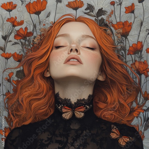 Portrait of a young woman with flowing red hair surrounded by vibrant flowers...