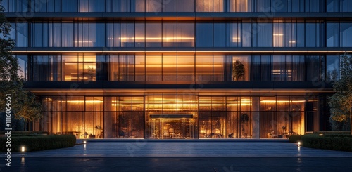 Modern building facade illuminated at night showcasing urban architecture and...