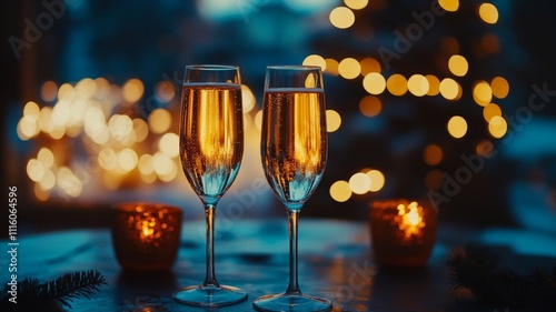 A festive New Year Eve table with champagne flutes and golden decorations, blurred glowing party lights in the background