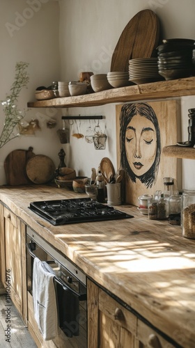 Cozy kitchen with artistic wall decor and shelves filled with jars and utensils