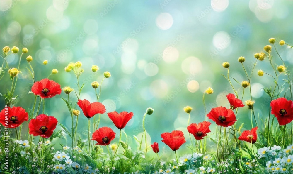 Obraz premium A vibrant field of red poppies and yellow flowers against a soft background.