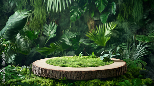 Wooden cut, round podium on the background of tropical plants ,High quality photo, wooden stands amidst tall trees in a dense forest, providing a vantage point for observation and reflection

