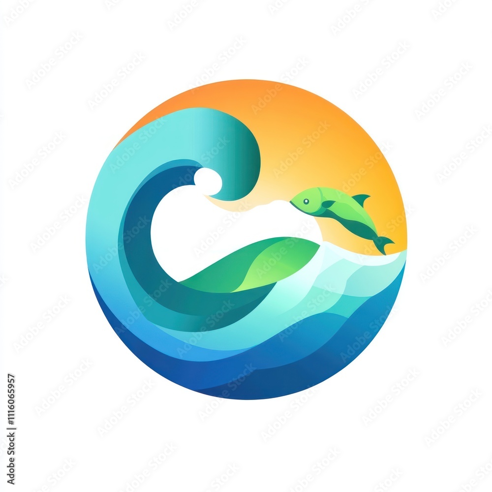 Fototapeta premium Here's a description and keywords for your image.. Ocean wave engulfing fish, vibrant colors, circular design.