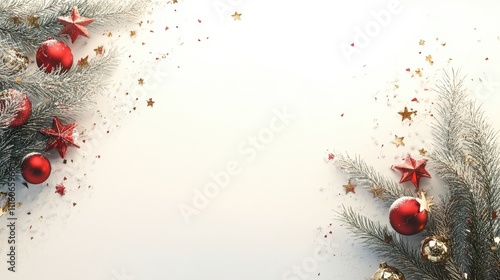 Festive Christmas Decorations: Red Ornaments, Pine Branches, and Gold Stars on White Background photo