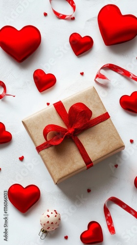 Gift wrapped in brown paper and red ribbon surrounded by red hearts on a ligh...