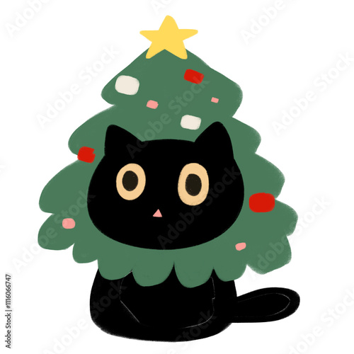 Black cat and Christmas tree