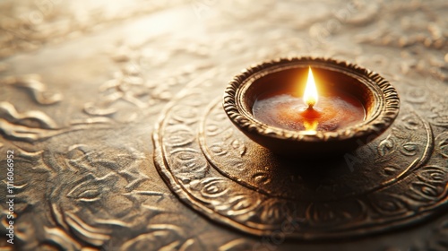 Clay diya oil lamp lit on ornate brass plate. photo