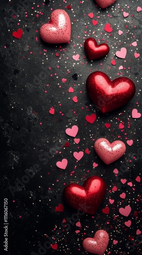 Floating hearts and falling confetti create a romantic festive atmosphere in ...