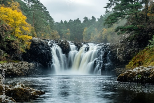 Tranquil Waterfall Cascading Over Rocks Surrounded by Autumn Foliage in a Scenic Nature Landscape with Misty Atmosphere and Reflective Water Surface