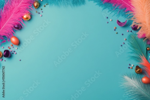 Colorful decoration elements on blue backdrop for festive celebration or part...