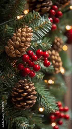 Festive garland decorated with pinecones and red berries illuminated by warm ...