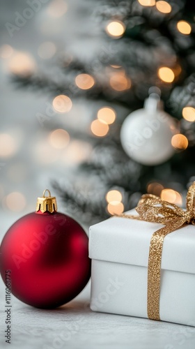 Festive red ornament on a gift box during the holiday season with blurred lights