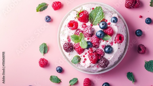 Fresh berry dessert with mint leaves on a pink background photo