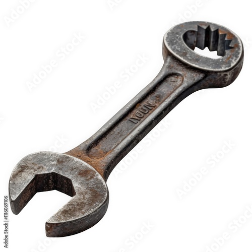 A metal wrench with an open and closed end for tightening bolts.