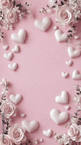 Decorative heart and rose arrangement on a pink background for celebration or...