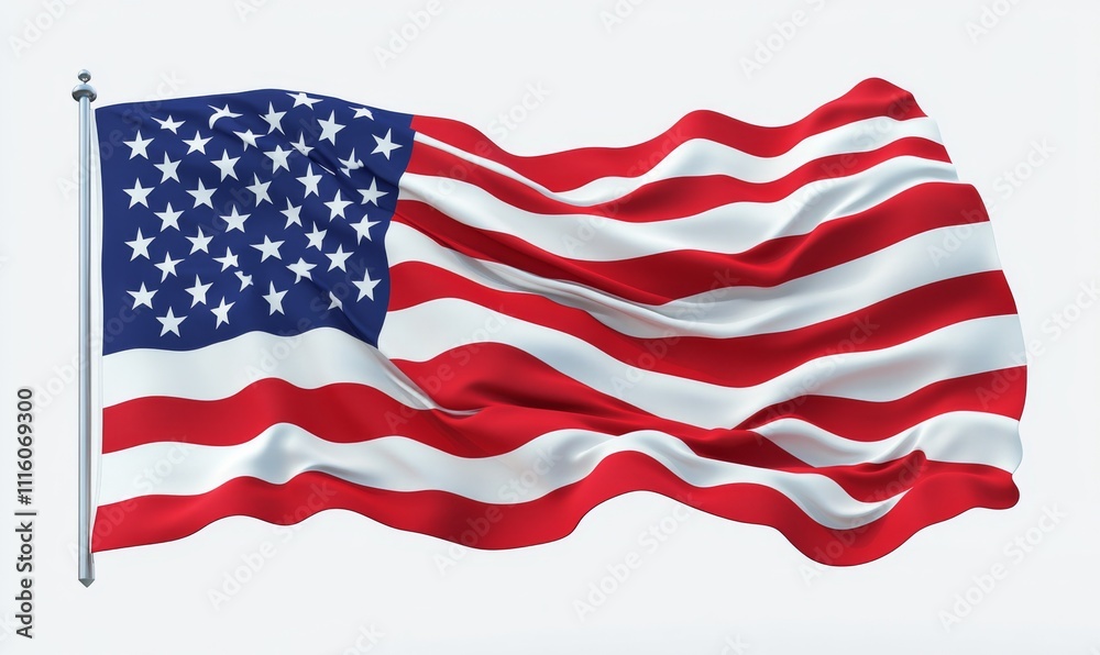 Obraz premium 3D USA flag waving in the wind, with realistic folds and movement, isolated on a white background