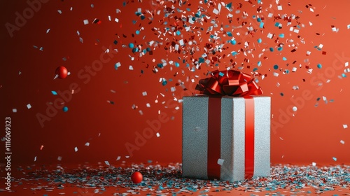 Celebration with a sparkling gift box surrounded by colorful confetti and shi...
