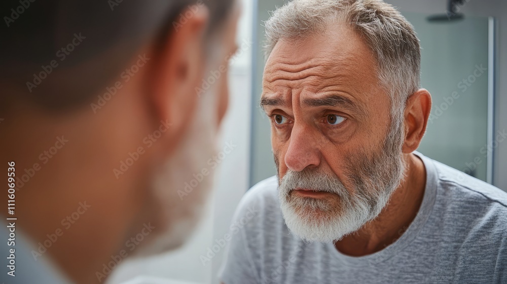 A man in the dim room, in the soft light, surveyed his thinning hair with a thoughtful expression A man in the dim room, in the soft light, surveyed his thinning hair with a thoughtful expression