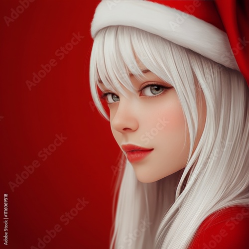 Young woman in a red Christmas hat with white hair against a red background