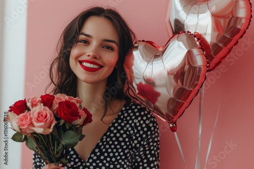 Woman smiling with red heart balloons and bouquet of roses against pink backg...