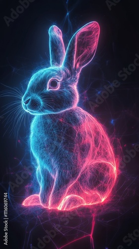Neon rabbit illuminated with vibrant pink and blue colors against a dark back...