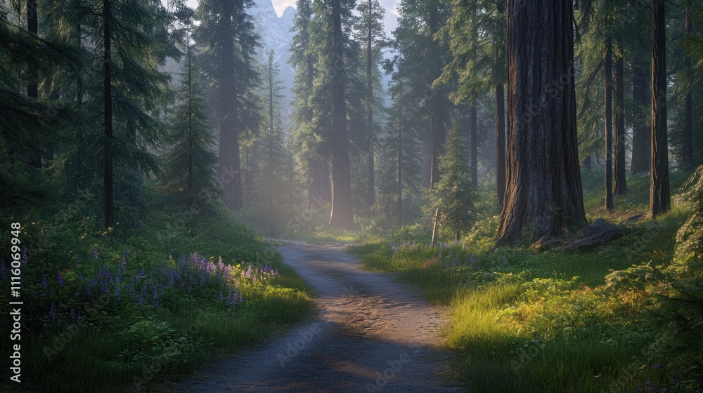Obraz premium Sunlit forest path winding through lush greenery and tall trees with morning mist.
