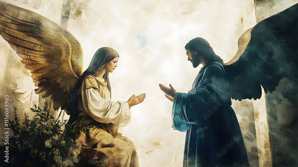 Fototapeta premium Annunciation. Angel Gabriel announcing to Mary that she will conceive and give birth to Jesus. Watercolor digital painting.