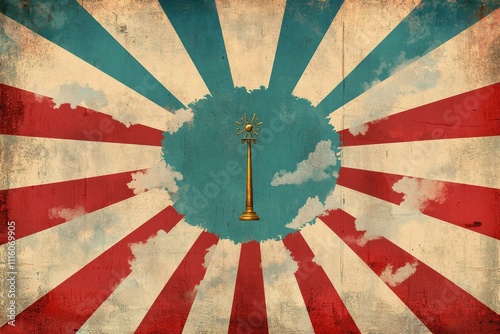 Vibrant sunburst design featuring national colors and symbols from a historic...