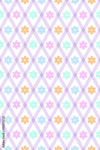 Abstract soft purple diagonal lines  or diamond shapes and floral seamless pattern design in blue, turquoise, pink and orange colors on white background, for background, wallpaper or printing.