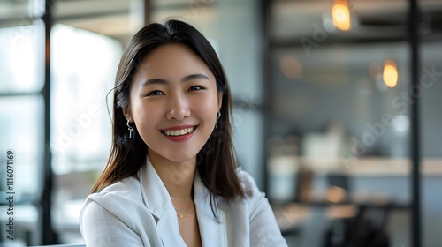 Portrait of a Smiling Young Asian Businesswoman in Modern Office