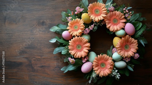 Spring wreath decorated with colorful eggs and vibrant flowers for Easter cel...