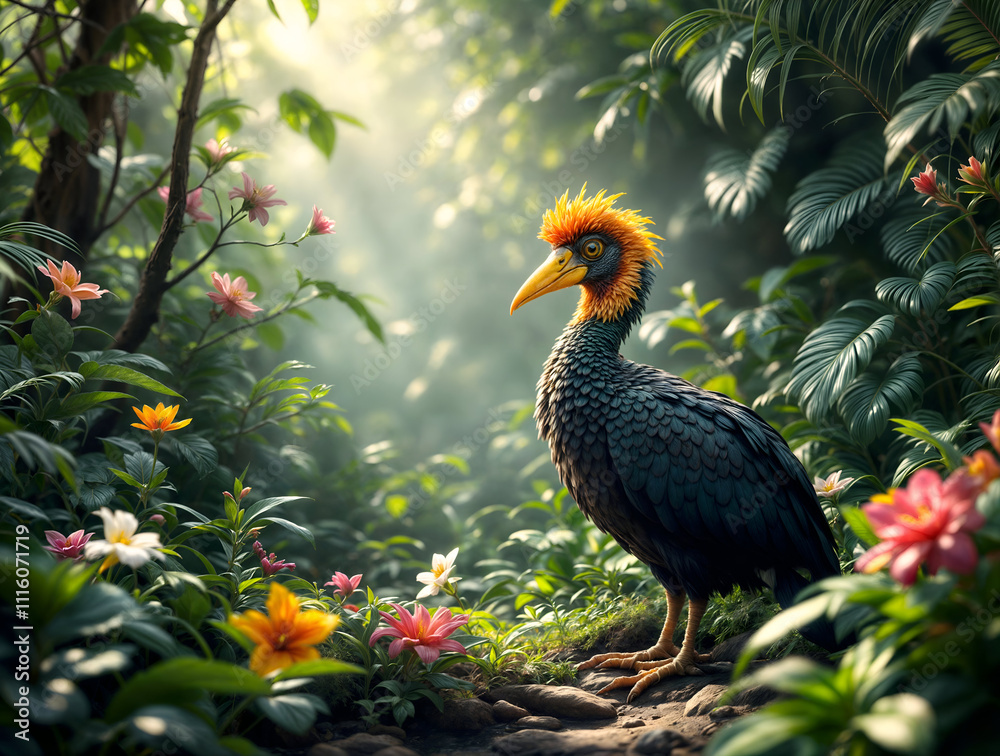 A Majestic Tropical Bird Amidst Lush Greenery and Vibrant Flowers in a Sun-Dappled Forest A Majestic Tropical Bird Amidst Lush Greenery and Vibrant Flowers in a Sun-Dappled Forest