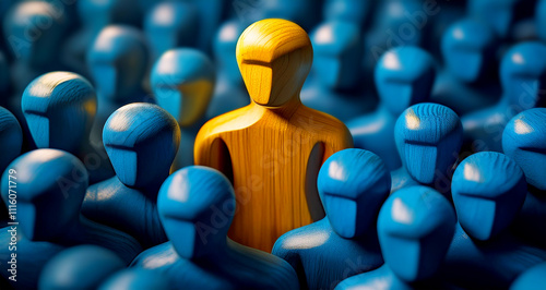 Closeup of one single yellow human shape (wooden figurine) among a large group of blue ones. Standing out from the crowd, thinking outside the box, leadership and individuality concept. Generative Ai.