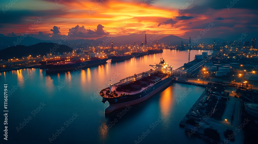 Fototapeta premium Cargo ship loading at oil port during night aerial view of vibrant harbor scene