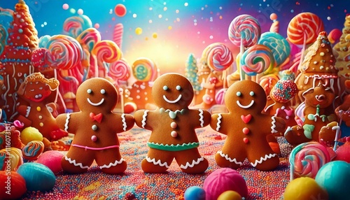 Colorful gingerbread figures in a vibrant candyland during a festive celebration at sunrise. Generative AI photo