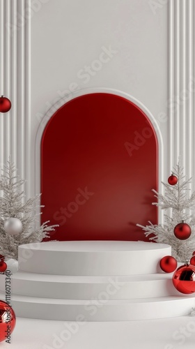 Festive display with red and white decorations for holiday celebrations in a ...