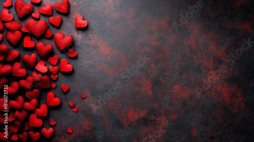 Romantic red hearts scattered on a dark surface for a celebration or special ...