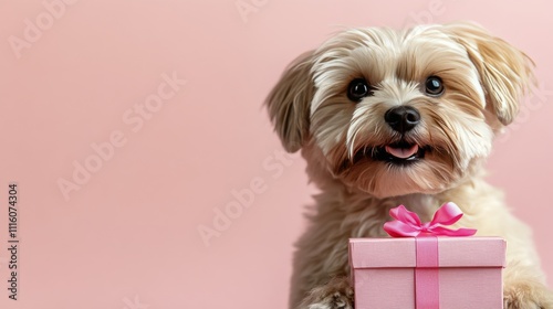 Happy dog holding a pink gift with a cheerful expression in front of a pastel...