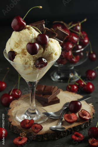 Ice cream scoops in an ice cream bowl with chocolate and cherry	
 photo