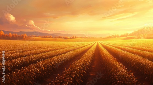 Golden hour, soybean field. Generative AI