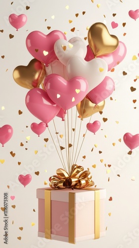 Colorful heart shaped balloons rising from a festive gift box for a joyful ce...