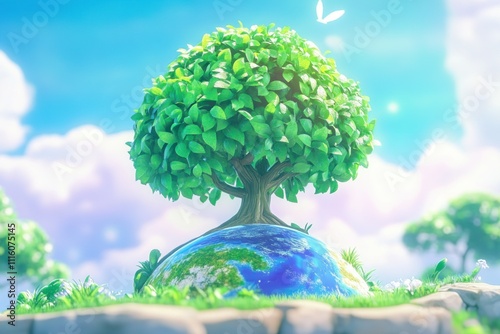 Lush Green Tree on a Vibrant Earth Surrounded by Soft Clouds and Blue Skies, Representing Environmental Harmony and Nature's Beauty
