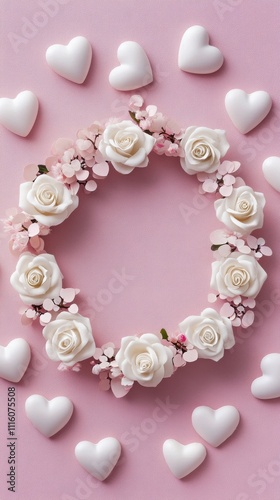 Decorative heart and rose arrangement on a pink background for celebration or...