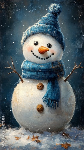 Smiling snowman wearing a blue knitted hat and colorful scarf in a winter lan...